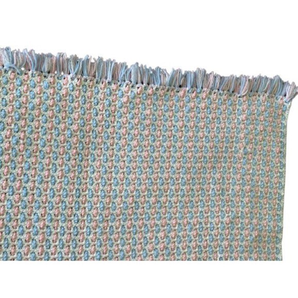 Handmade Pink Blue and White Crocheted Baby Blanket with Fringe 38 x 34 Inches - Picture 5 of 6